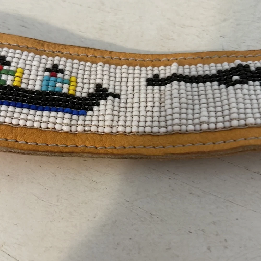 Vintage handmade glove tanned Native American leather beaded belt 42”